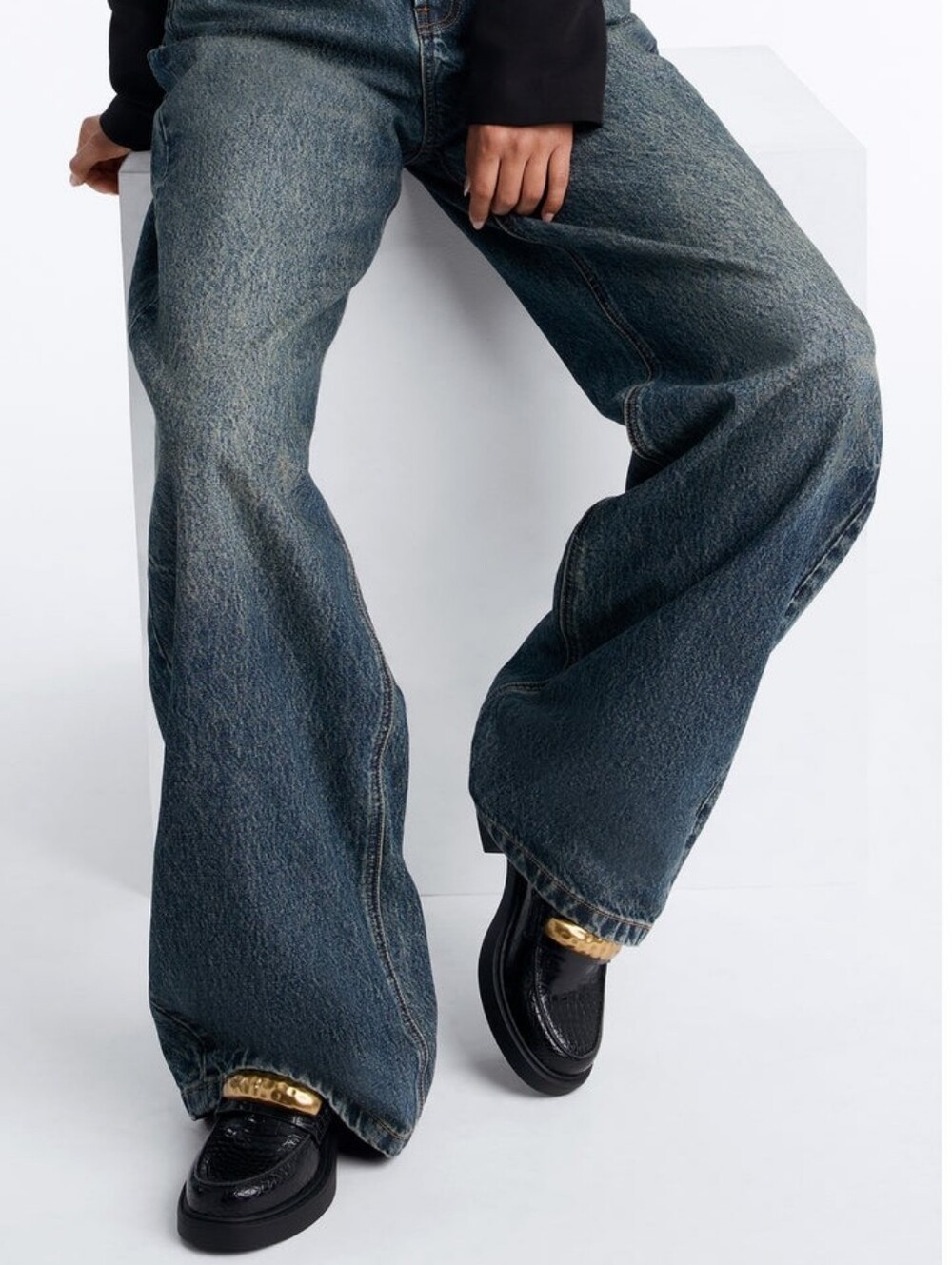 Black Croc-Embossed Loafer with Gold Accent